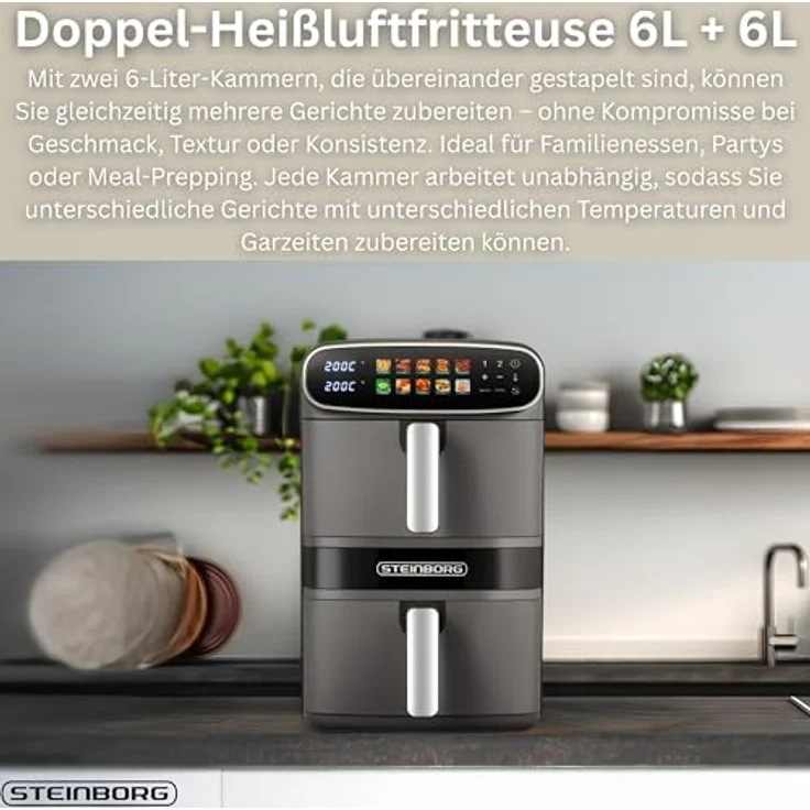 Steinborg® Heißluftfritteuse XXL 12L Double Stack, 2 Kammern à 6L, 10 Kochprogramme, 2800W, fettfreies Frittieren, kompaktes Design – Bild 3
