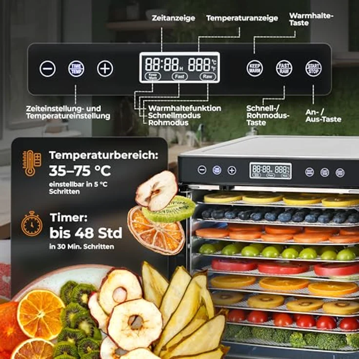 Balter Dörrautomat DA-109, Edelstahl Dörrgerät mit 10 Fächern, 700W, 8400 cm² Dörrfläche, 35°- 75 °C, Timer bis 48 Std, Warmhaltefunktion, inkl. Rezeptbuch – Bild 4