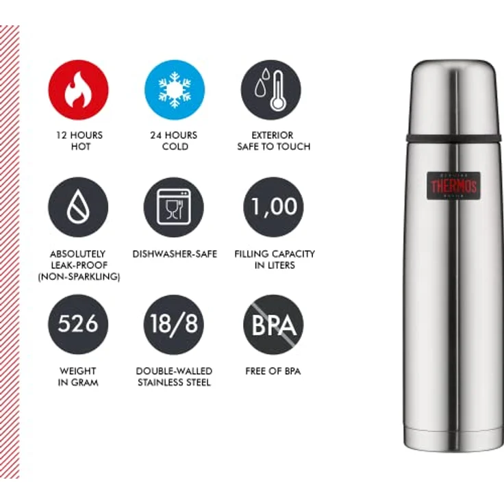 THERMOS 4019.205.100 Thermosflasche Light & Compact, Edelstahl mattiert 1,0 l, Spülmaschinenfest, 24 Stunen heiß, 24 Stunden kalt – Bild 5