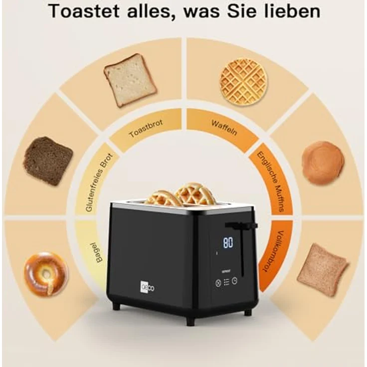 aeco toastlab PRO Toaster 2 Scheiben, Edelstahl schwarz, mit LED-Touch, 6 Bräunungsstufen, extra breite Schlitze, Auftau- & Aufwärmfunktion, 920W, Liftfunktion, Krümelfach, Abschaltautomatik – Bild 5