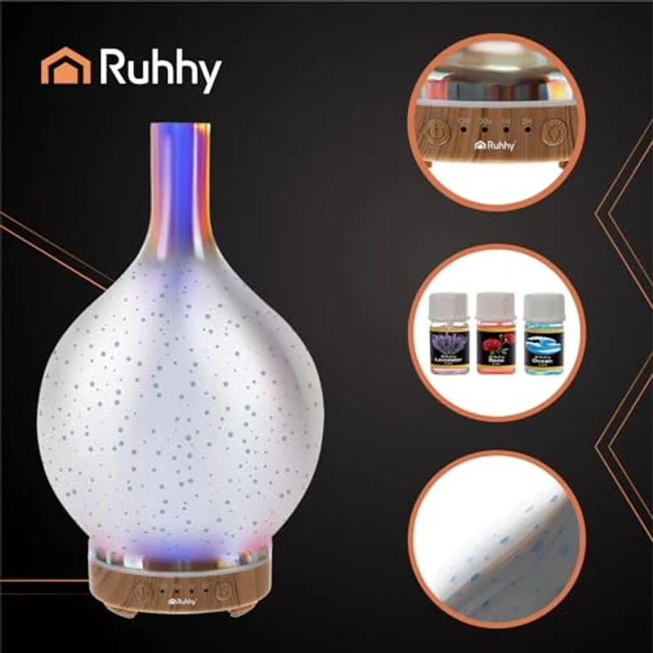 RUHHY Ultraschall Luftbefeuchter & Aroma Diffusor mit Spiegeloptik, leise, Auto-Abschaltung, 7 LED-Farben, Timer 30/60/120 Min, 3 Duftöle (Rose/Lavendel/Meer) – Bild 4