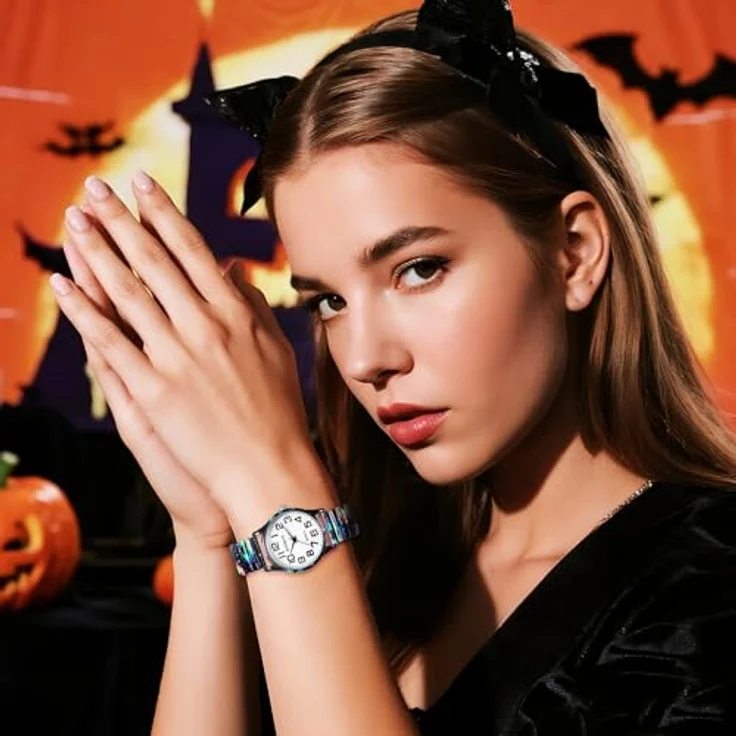 JewelryWe Damenuhr Halloween Teufelaugen, Elastische Quarz-Armbanduhr mit Edelstahl Stretcharmband und Großem Ziffernblatt, Ideal für Senioren und Halloween-Fans – Bild 3