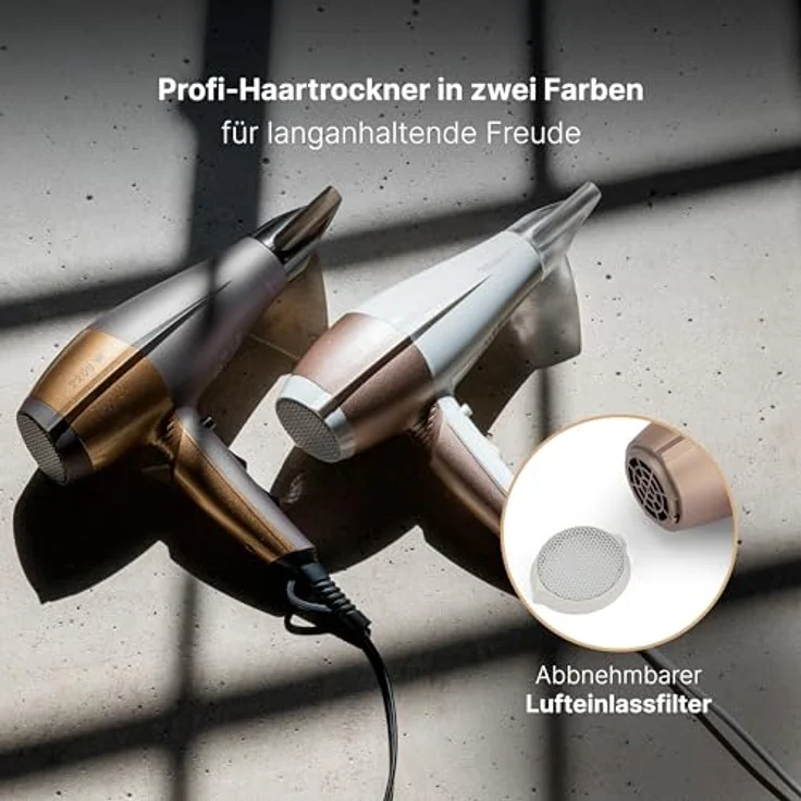 ProfiCare PC-HT 3010 Kompakter Haartrockner, 3 Temperatur--Leistungsstufen, Ionisierungsfunktion, 2 Gebläsestufen, Cool Shot, Weiß-Champagner – Bild 6