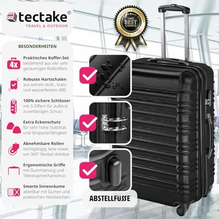 tectake 4 TLG Reisekoffer Set, Hartschalenkoffer Set, Trolley Kofferset, ABS Hartschalen Reisekofferset, Reisetasche, Trolley, Gepäck, Koffer Set, 4 Rollen, 360 Grad drehbar, Teleskopgriff - schwarz – Bild 2