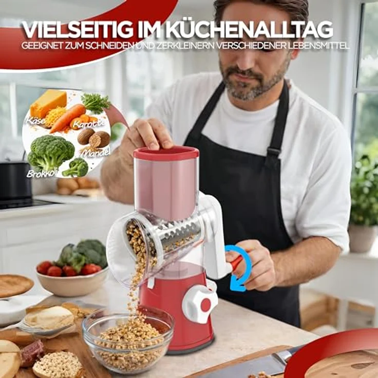 BI International Gemüseschneider mit Kurbel, Trommelreibe mit 3 Edelstahl-Klingen, starke Saugfuß-Technologie – Bild 6