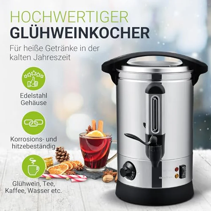 Juskys 51007 Teramo Glühweinkocher, Einkochautomat, 1500 Watt, 7 Liter, elektrisch, mit Zapfhahn, Thermostat, Überhitzungsschutz, Edelstahl – Bild 2