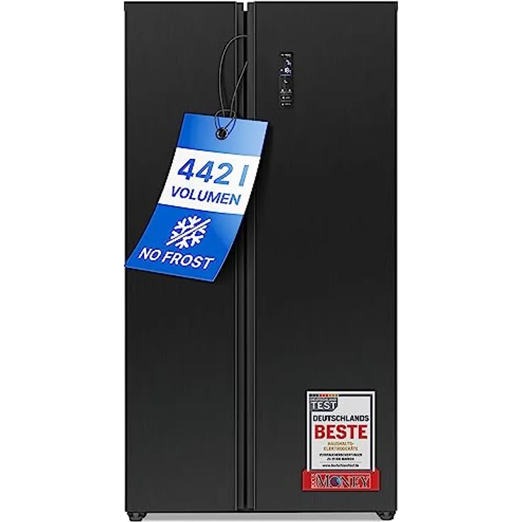 Bomann® Side by Side Kühl Gefrierkombination mit Total No Frost und 442L Nutzinhalt, Kühlschrank Side by Side mit MultiAirflow-Technologie, Verbrauch 287 kWh/Jahr - 177x90x59cm - SBS 7344 black-inox