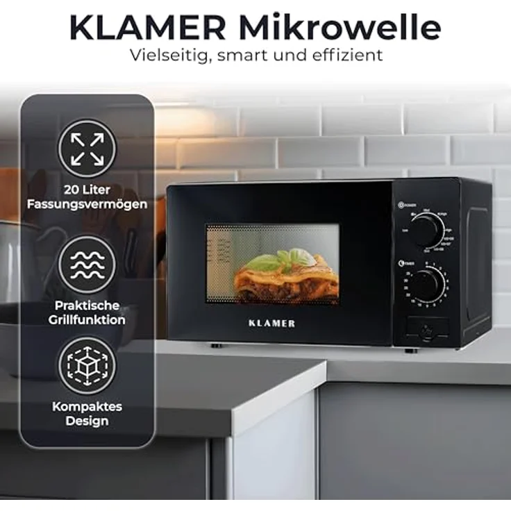 KLAMER Mikrowelle KMW-20, 20 Liter, 700 Watt, 9 Leistungsstufen, Grill- und Auftaufunktion, 35-Minuten-Timer, inkl. Drehteller & Grillrost, schwarz – Bild 2