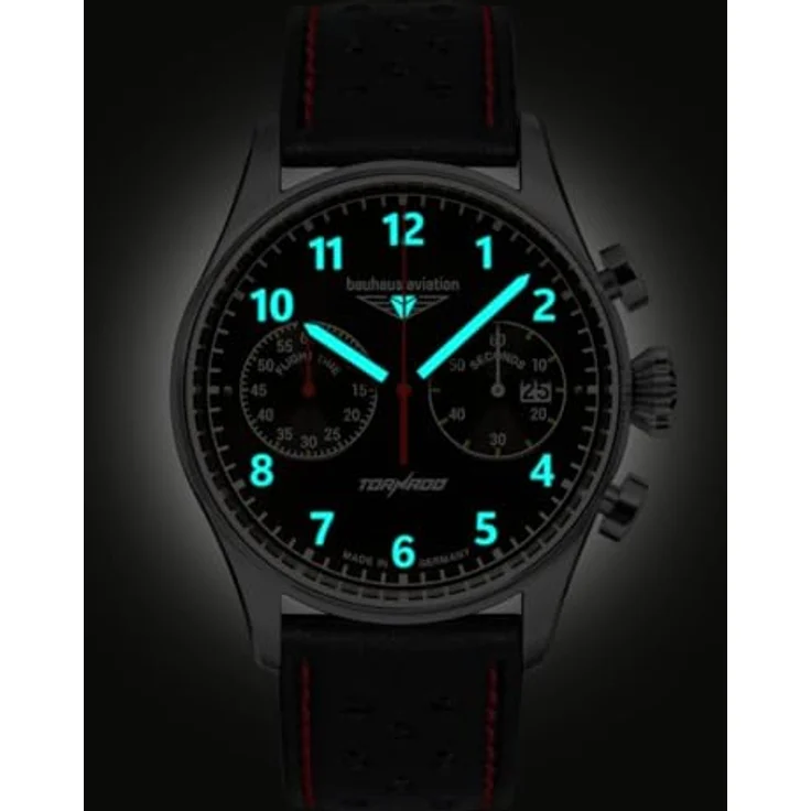 Bauhaus Herrenuhr Aviation CT-BHA Tornado Chronograph Schwarz/Rot - Edelstahl Gehäuse, Lederarmband, Mineralglas-Uhrglas – Bild 3