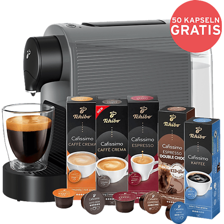 TCHIBO Cafissimo Pure plus, Kapselmaschine in Grau mit 50 Kapseln und Drei-Druck-Brühsystem für perfekten Kaffeegenuss