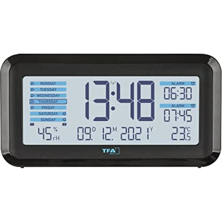 TFA Dostmann Funk-Wecker Boxx2 digital, 60.2562.01.GB, mit Akku, 2 Alarmzeiten, englisches Display, mit Thermo-Hygrometer, schwarz-türkis, (L) 138 x (B) 52 x (H) 72 mm – Bild 2