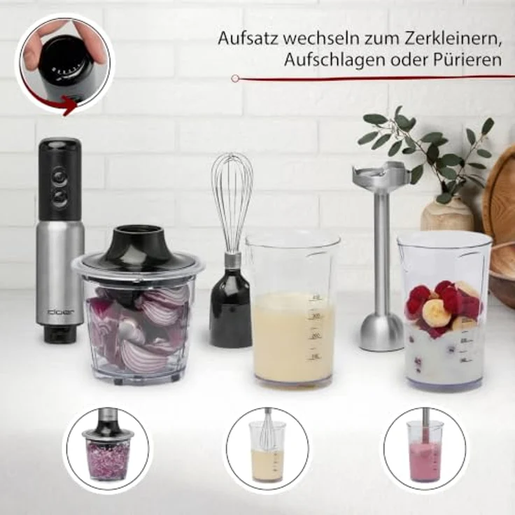 Cloer SB3010 Stabmixer 4-in-1 mit Pürierstab, Zerkleinerer & Schneebesen, 10 Geschwindigkeitsstufen, 700 Watt, Edelstahlgehäuse, spülmaschinengeeignet – Bild 3