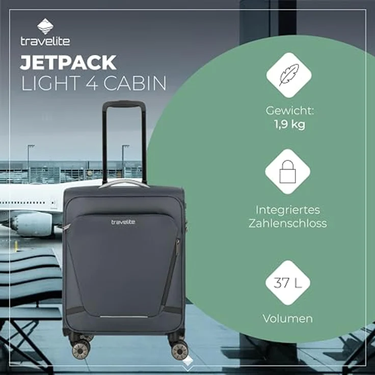 Travelite Handgepäck Koffer Jetpack, 55x40x20 cm, 37 l, 1,9 kg, anthrazit, mit 4 Rollen und integriertem Zahlenschloss – Bild 2