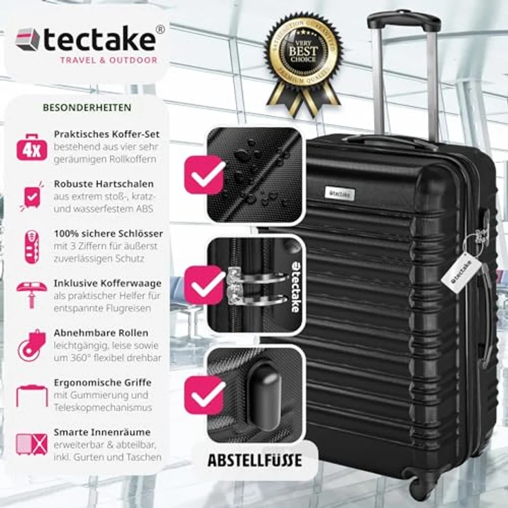 tectake®, 4tlg. Hartschalenkoffer Set, Reisekoffer Set mit Rollen, Hartschale aus ABS, Koffer Set mit Teleskopgriff und Schloss, inkl. Kofferwaage und Kofferanhänge, Trolley Größen S-M-L-XL - schwarz – Bild 2