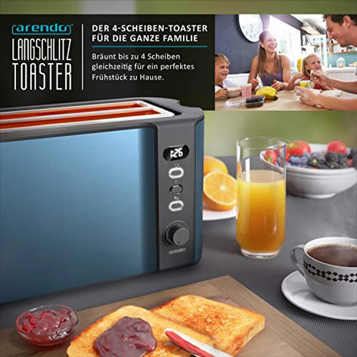 Arendo 4-Scheiben-Toaster, Langschlitz, Edelstahl, Defrost Funktion, wärmeisolierendes Gehäuse, blau – Bild 6