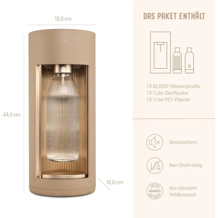 Mysoda Glassy Wassersprudler aus Holzkomposit und Aluminium (ohne CO2-Zylinder) mit 1-Liter-Glasflasche & BPA-freier 1-Liter-Plastikflasche - Latte – Bild 2