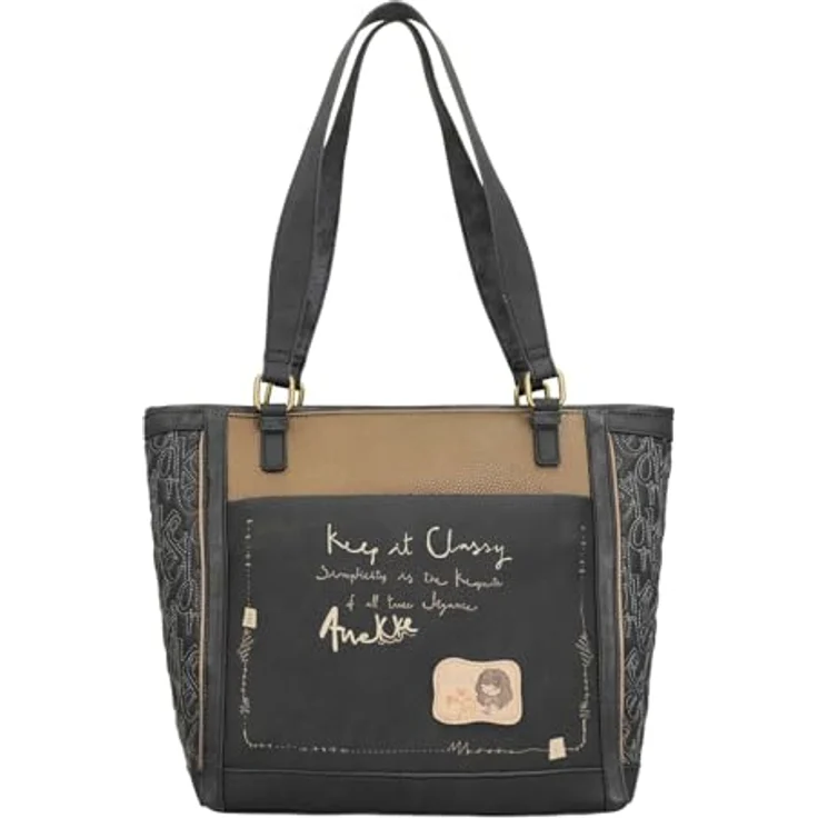 Anekke Shopper Boutique, elegante Polyurethan Einkaufstasche mit Reißverschluss und Umhängeriemen, braun – Bild 4