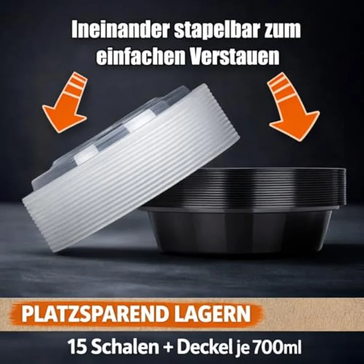 BigDean Meal Prep Boxen 700 ml, 15 runde Schalen mit Deckel, BPA-frei, mikrowellengeeignet, spülmaschinenfest, gefrierfest, stapelbar – Bild 6