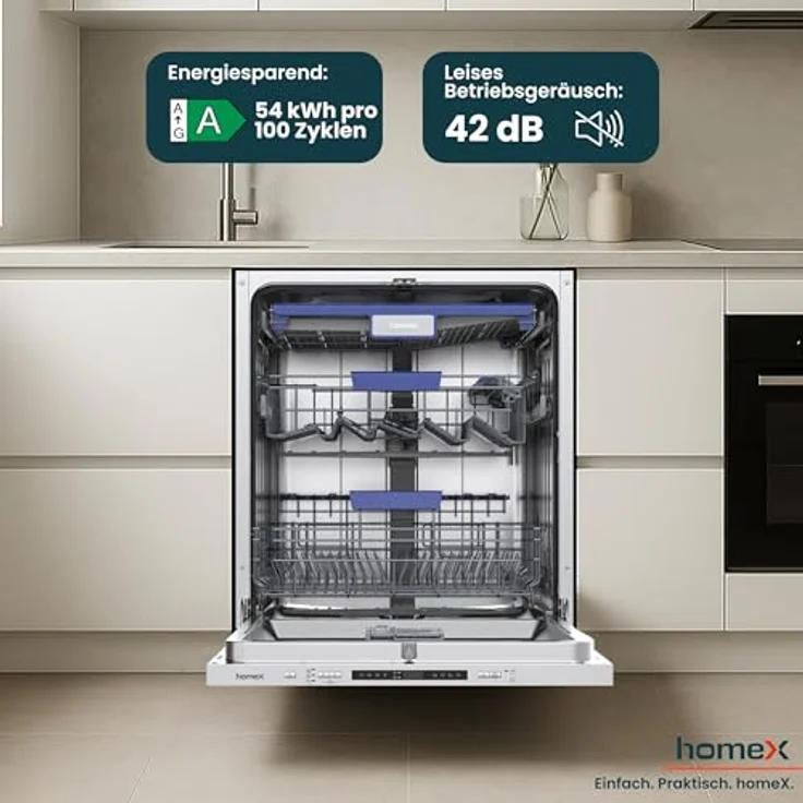 homeX DWFI601442A Geschirrspüler 60 cm, vollintegrierbar, 14 Maßgedecke, 8 Programme, leise mit 42 dB, Energieeffizienzklasse A – Bild 7
