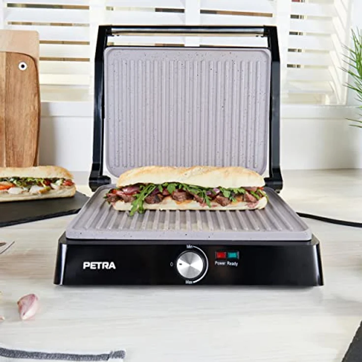 Petra PT4076VDEEU10 XL 180° Elektrogrill und Panini-Presse - Sandwichtoaster mit marblestone Antihaftbeschichtung, Fettarmes Grillen - Tischgrill, ausklappbar für 2 Kochflächen, Gemüse, Fleisch, Spieße – Bild 5