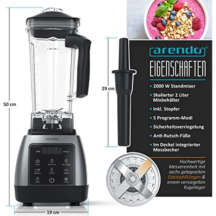 Arendo Standmixer, 2000 Watt, Touchpanel, 2L, 9 Geschwindigkeitsstufen – Bild 2