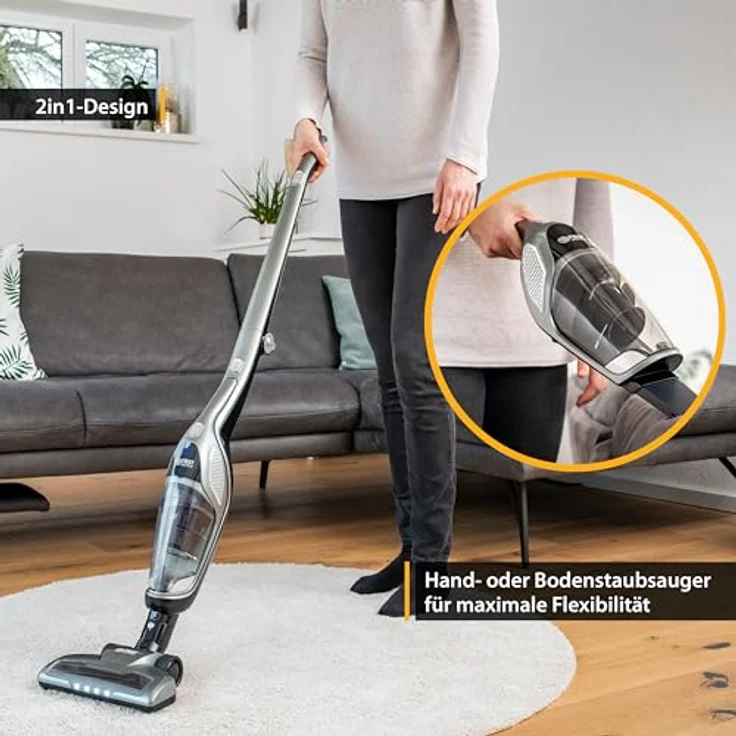 TZS First Austria 2in1 Stiel- und Handstaubsauger | bis zu 60 min Akkulaufzeit | Bodenbürste mit LED-Licht | Wandladestation | Beutellos | Kabellos | grau – Bild 3