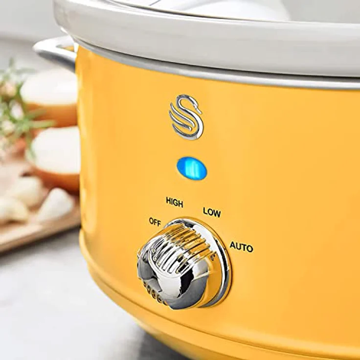Swan Retro SF17031YELNEU Slow Cooker 6,5L Abnehmbarer Kochbehälter, PFOA- und PTFE-freier Keramischer Antihaft-Behälter, 3 Temperaturstufen, Glasdeckel, Vintage-Design, Gelb, 320W – Bild 3