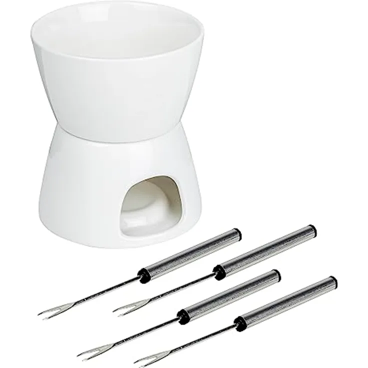 Haushalt International HI Schokoladen-Fondue-Set, Schoko- und Käsefondue mit 4 Edelstahl-Gabeln, elegante weiße Farbe