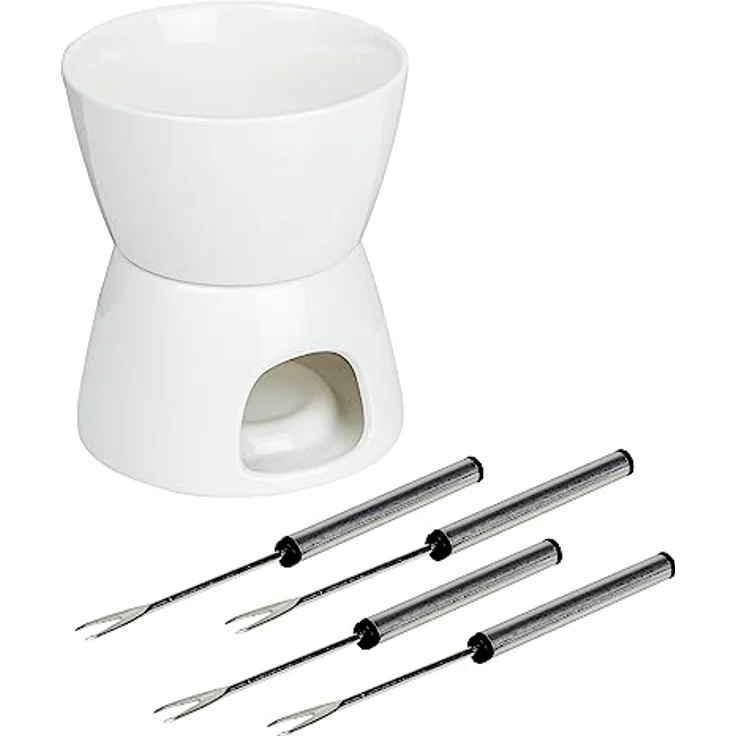Haushalt International HI Schokoladen-Fondue-Set, Schoko- und Käsefondue mit 4 Edelstahl-Gabeln, elegante weiße Farbe – Bild 1