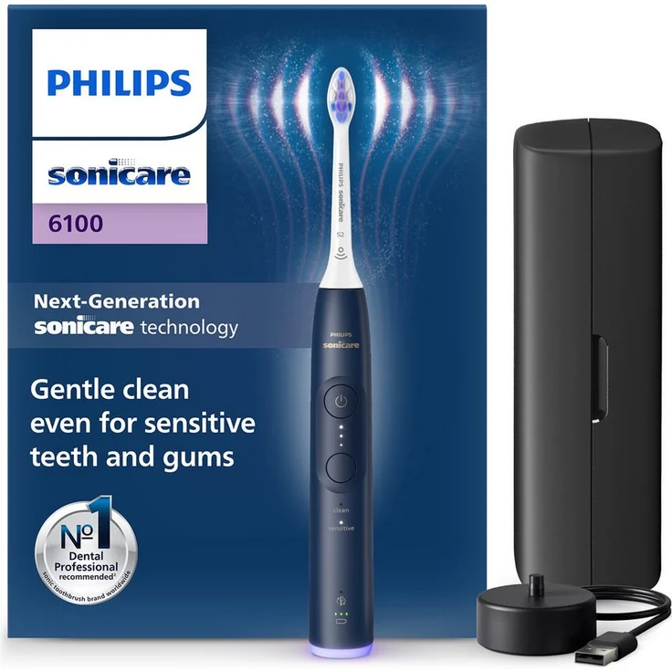 Philips Sonicare Elektrische Zahnbürste Series 6100, S2 Sensitive Bürstenkopf, 2 Putzeinstellungen, 3 Intensitätsstufen, mit Andruckkontrolle und BrushSync Technologie