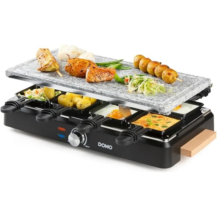 DOMO DO9262G Steingrill/Raclette-Grill, Holzdesign, 1400 W für 8 Personen, inklusive Raclettepfännchen und Holzspatel – Bild 3