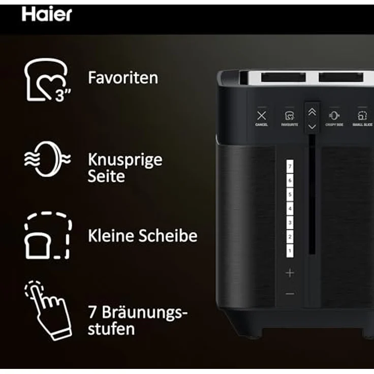 Haier Toaster aus Edelstahl, 2 Scheiben, 1150W I Extra tiefe Schlitze & Hebegriff zum Anheben gegen Verbrennung I Mit Anti-Staub-Deckel & 7 Bräunungsstufen für Brot, Baguette & Bagel [Serie 5- HTO5A3] – Bild 3