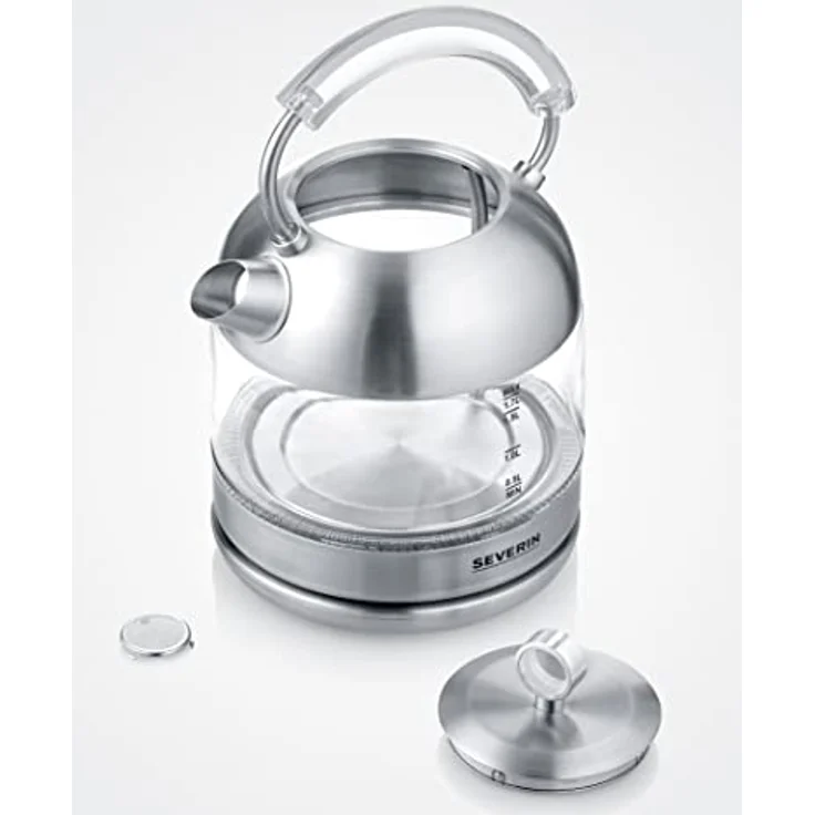 Severin WK 3459 Glas-Wasserkocher, 2400W, 1,7 Liter, Wasserstandsanzeige, abnehmbarer Deckel, silber – Bild 6