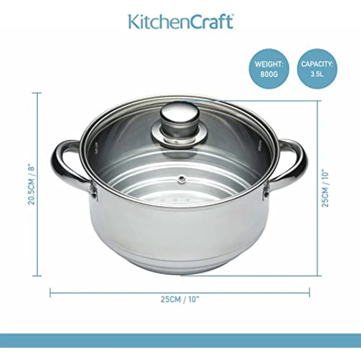 KitchenCraft Universaleinsatz Dampfgarer mit Deckel, Universal Dämpfer mit Glasdeckel, Passt auf fast jede Pfanne und Kochtopf, Silber Edelstahl, Durchmesser 16, 18 und 20 cm, – Bild 3