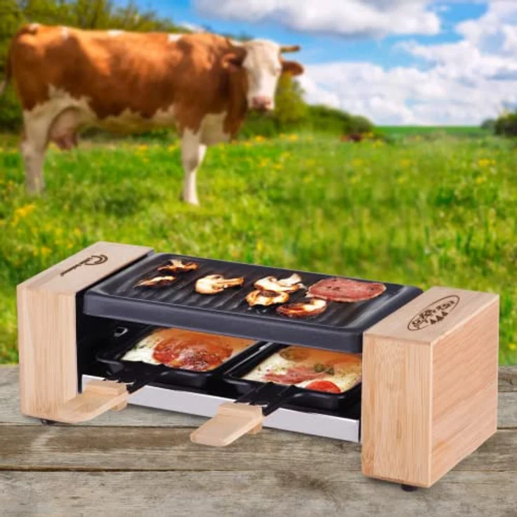 LITTLE BALANCE 8618 Raclette 2 Meuuh…, Raclettegerät für 1 / 2 Personen, abnehmbarer Grill, 2 Spatel + 2 Brettchen, Antihaftbeschichtung, 1 oder 2 Personen, 320 W, Bambus – Bild 4