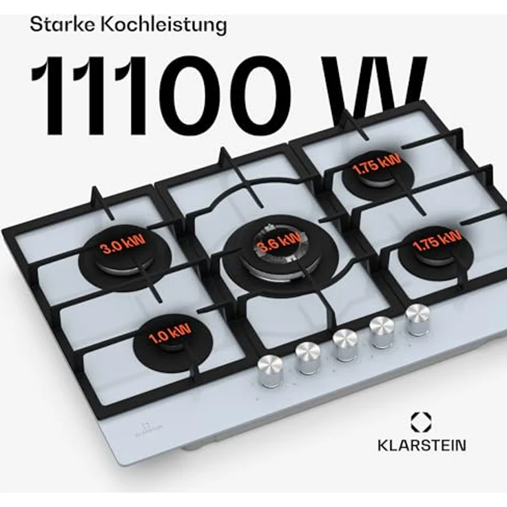 Klarstein Ignito Gaskochfeld, 5-Zonen-Sabaf-Brenner mit Wok-Aufsatz, 3,6 kW–1 kW, gehärtetes Glas, SnapJetIgnition, 75 x 10 x 52 cm – Bild 2