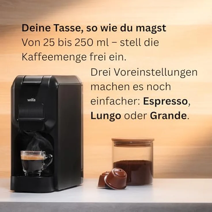Wilfa VOLO MINI MMA1T-TC15, Kapselmaschine kompatibel mit Nespresso und Dolce Gusto, 0,8-Liter-Wassertank, hohe Brühtemperatur über 88°C, schwarz – Bild 3