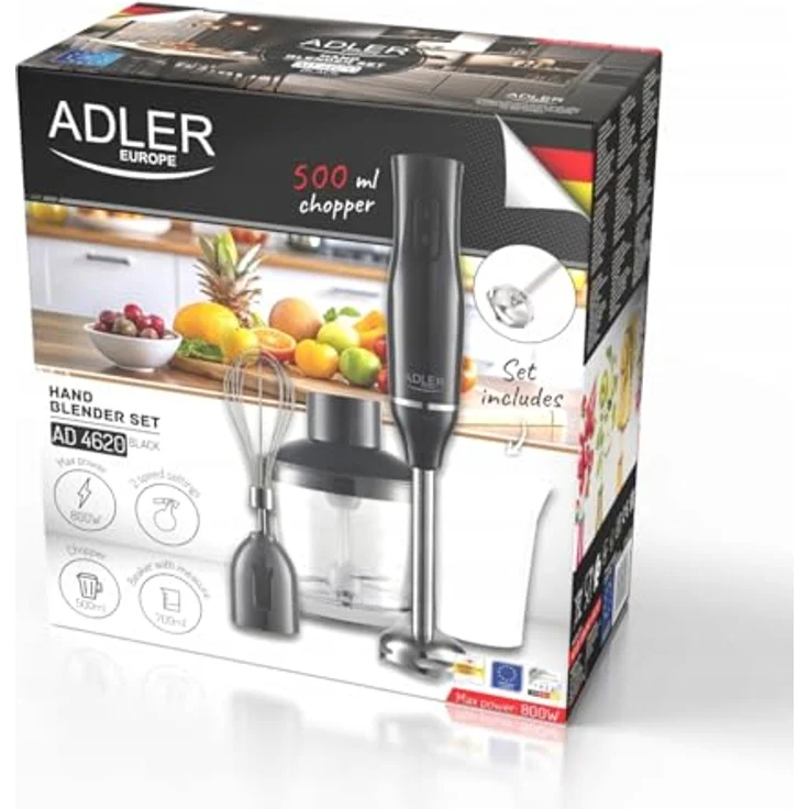 Adler Stabmixer AD 4620, 800 W, Handmixer Set mit 2 Geschwindigkeitsstufen, Edelstahlklingen, Messbecher, schwarz – Bild 2