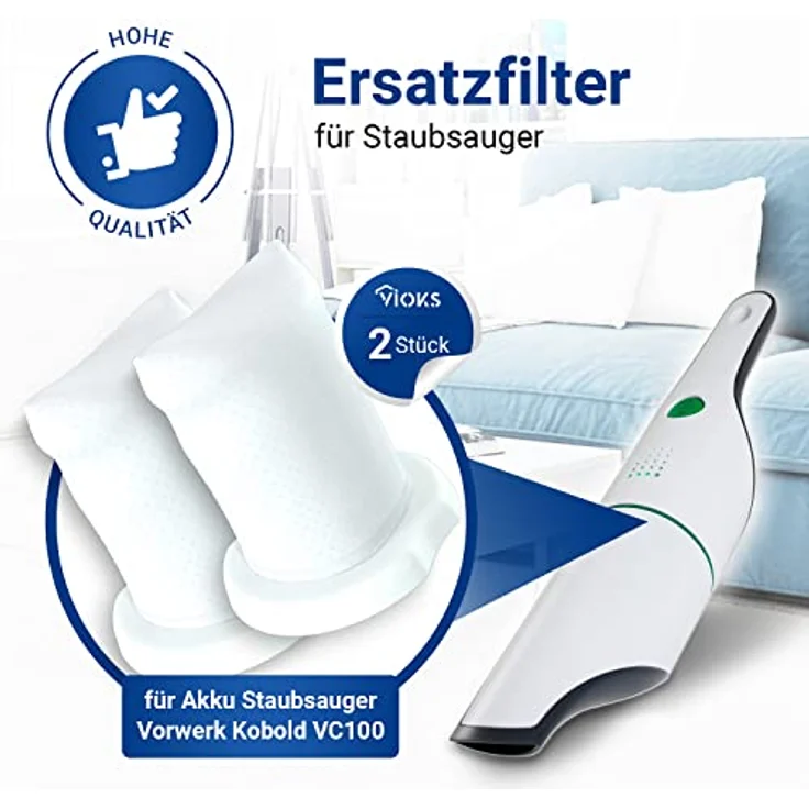 VIOKS Schmutzfilter Set 2Stk für Vorwerk Kobold VC100, Staub- und Allergiefilter, 70mm x 70mm x 75mm – Bild 2
