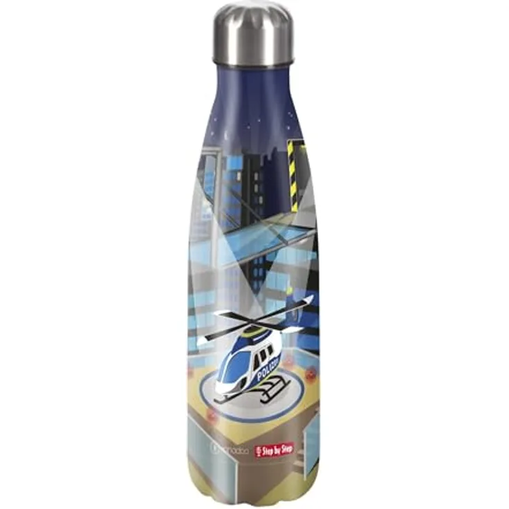 Step by Step Isolierte Edelstahltrinkflasche „Helicopter Sam blau - grau, für kohlensäurehaltige Getränke, auslaufsicher mit Schraubverschluss, 100% recycelbar, für Schule und Freizeit, 0,5 Liter