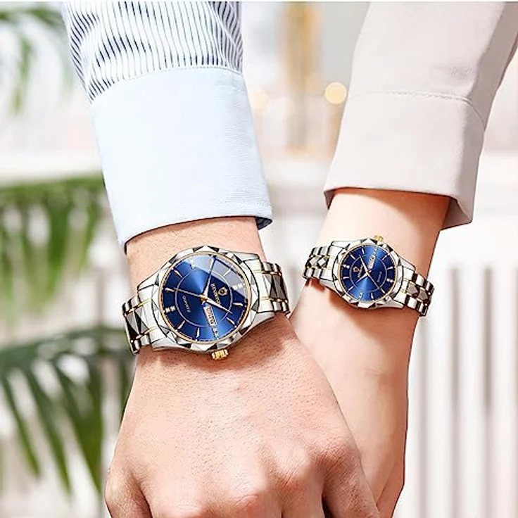 JewelryWe Paar Uhren Edelstahl, 2 Stück Blau Analog Quarz Pärchen Armbanduhr mit leuchtenden Zeigern, Datum- und Wochenanzeige, 30m wasserdicht – Bild 2