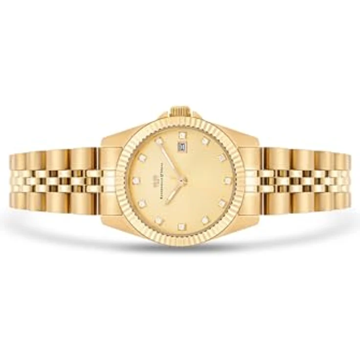 Rhodenwald & Söhne Damen Quarzuhr, IP-vergoldetes Edelstahl-Gehäuse, 27,5 mm, mit Datumsanzeige und Kristallen, gelbgold, 5 ATM wasserdicht, Gliederarmband 21 cm – Bild 3