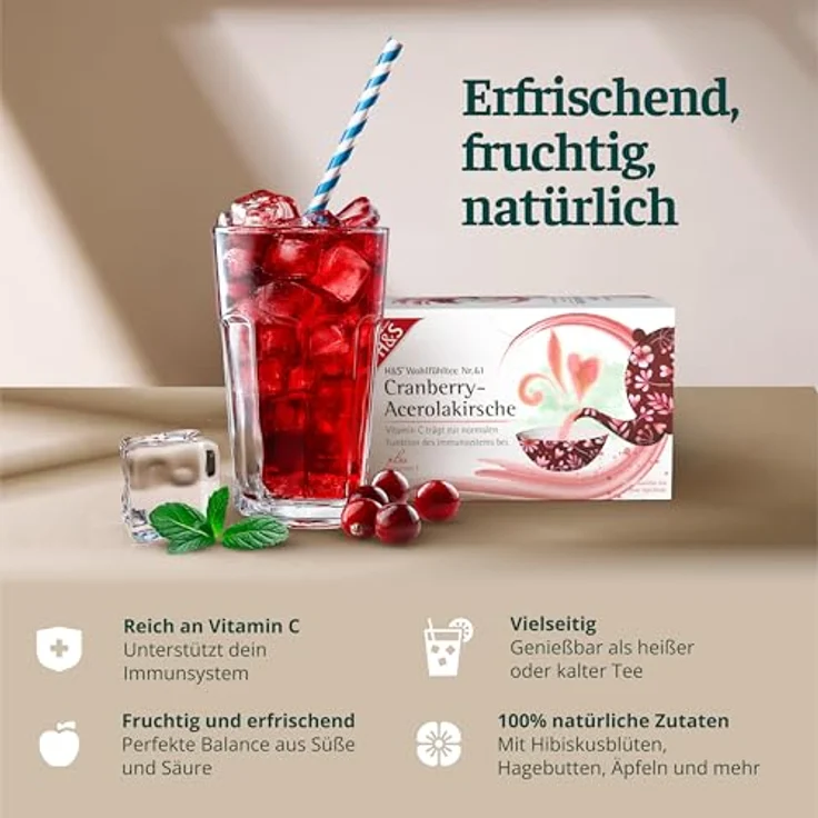 H&S Cranberry-Acerolakirsche Früchtetee mit Vitamin C, 20 Filterbeutel à 2,8 g – Bild 2