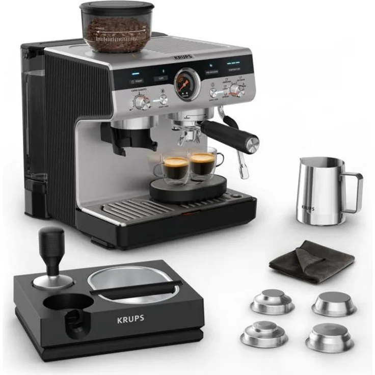 Krups Precision+ XP804T, Siebträger-Espressomaschine mit Edelstahlmahlwerk, 30 Mahloptionen, elektronische Temperaturregelung, Schwarz