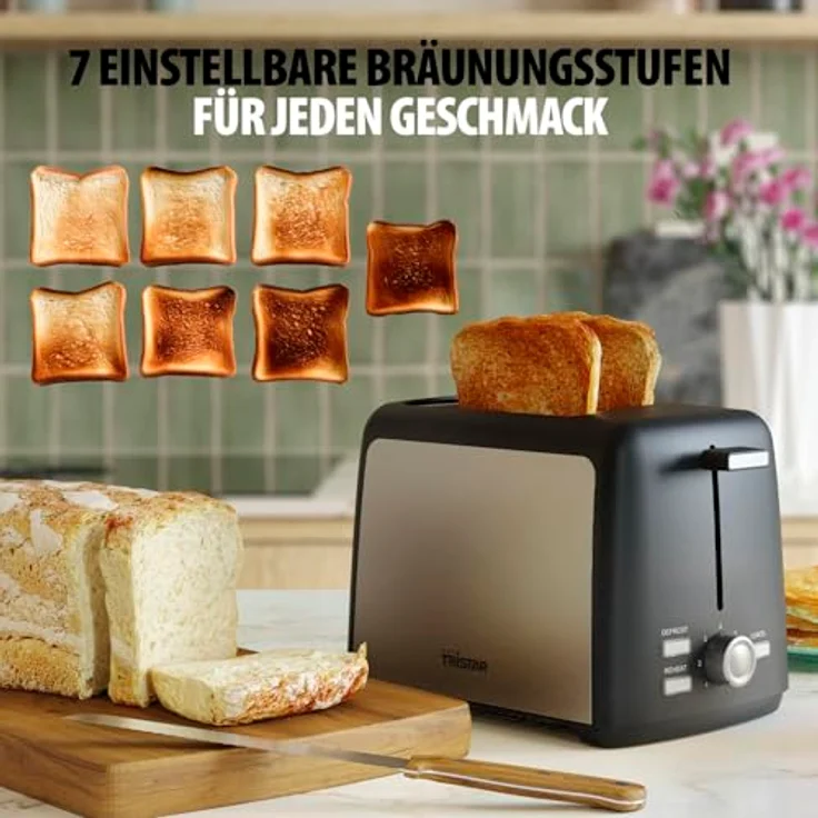 Tristar Haushaltsgeräte TriStar Toaster Edelstahl (BR-1058) - Kompakter Toaster mit Brötchenaufsatz und Abbruchfunktion, schwarz – Bild 5