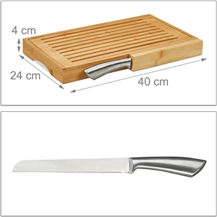 Relaxdays Brotschneidebrett, praktisches Brotbrett mit Messer aus Edelstahl, Krümelrost, Bambus, HBT 4x40x24 cm, natur – Bild 4