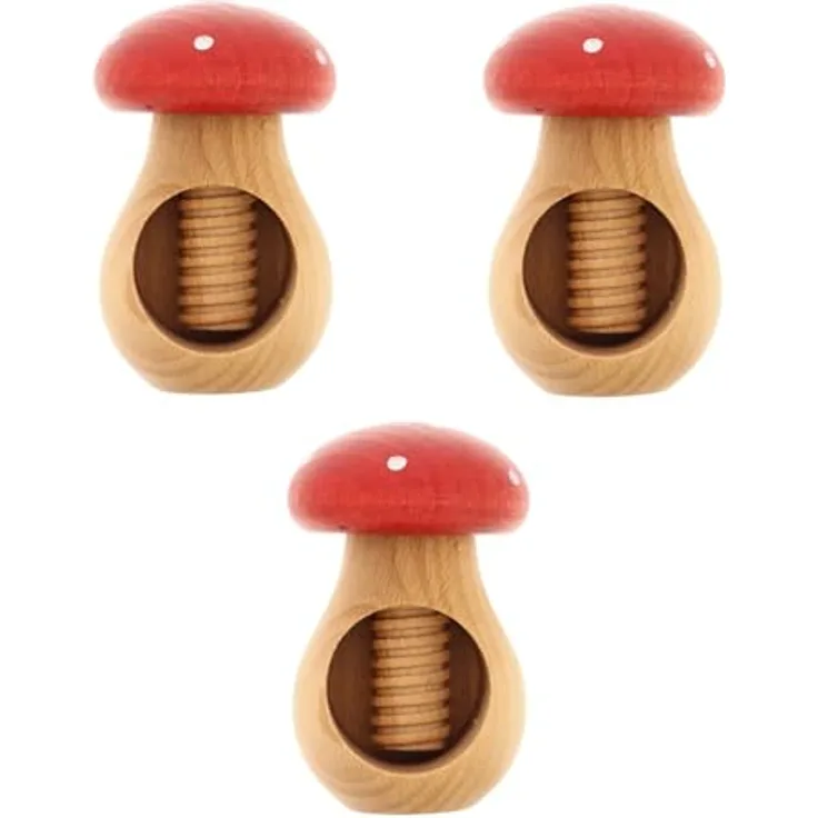 NEUSTANLO Nussknacker 3er Set, Fliegenpilz Design in Rot, aus massivem Buchenholz mit Schraubgewinde, ideal für Walnüsse und Haselnüsse