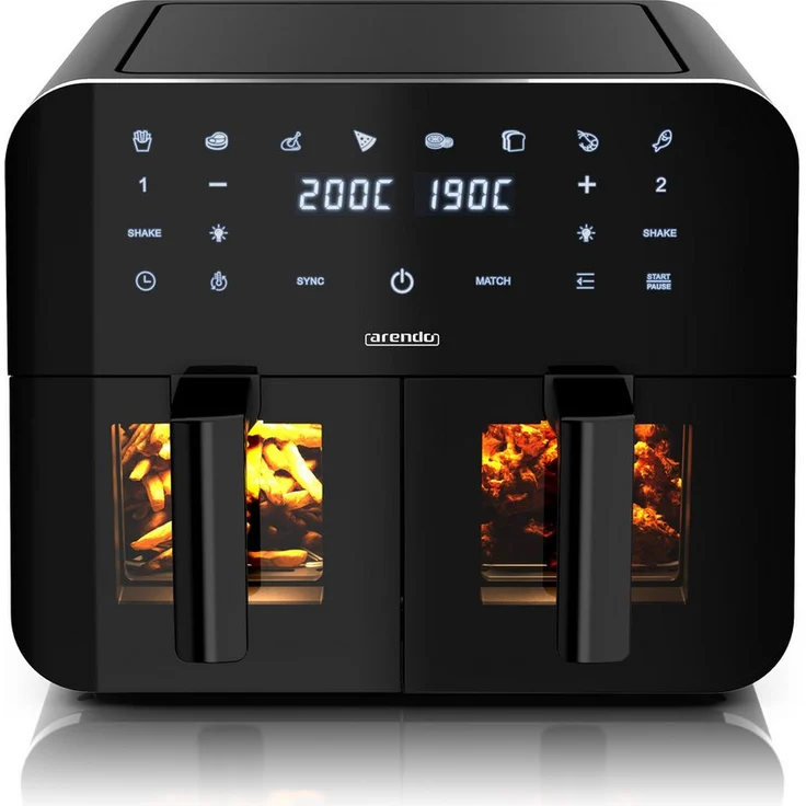 Arendo Heißluftfritteuse Dual Zone XXL Airfryer 9L mit 2 Kammern, Sichtfenster mit Beleuchtung, 2400 W, 8 Programme, Touchscreen, 3D Umluftsystem, fettarmes gesundes Kochen