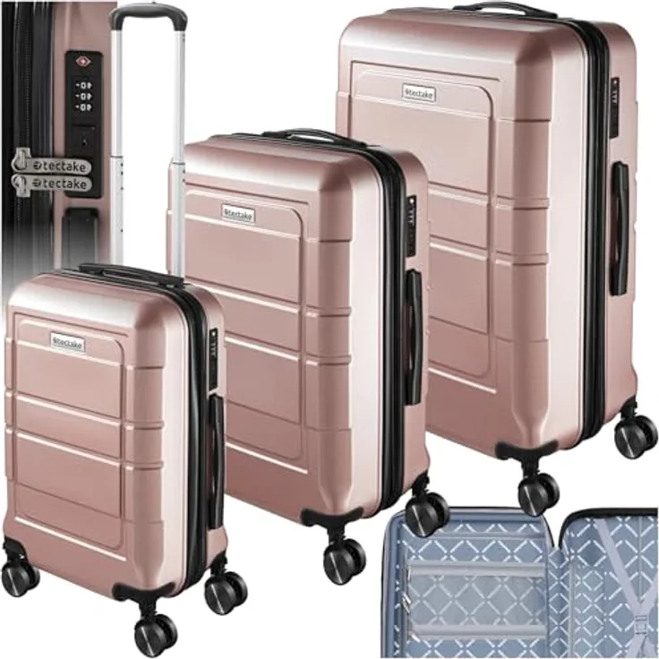tectake® Kofferset 3 teilig, Koffer & Trolleys, Hartschalenkoffer mit TSA Schloss, Rollkoffer - roségold