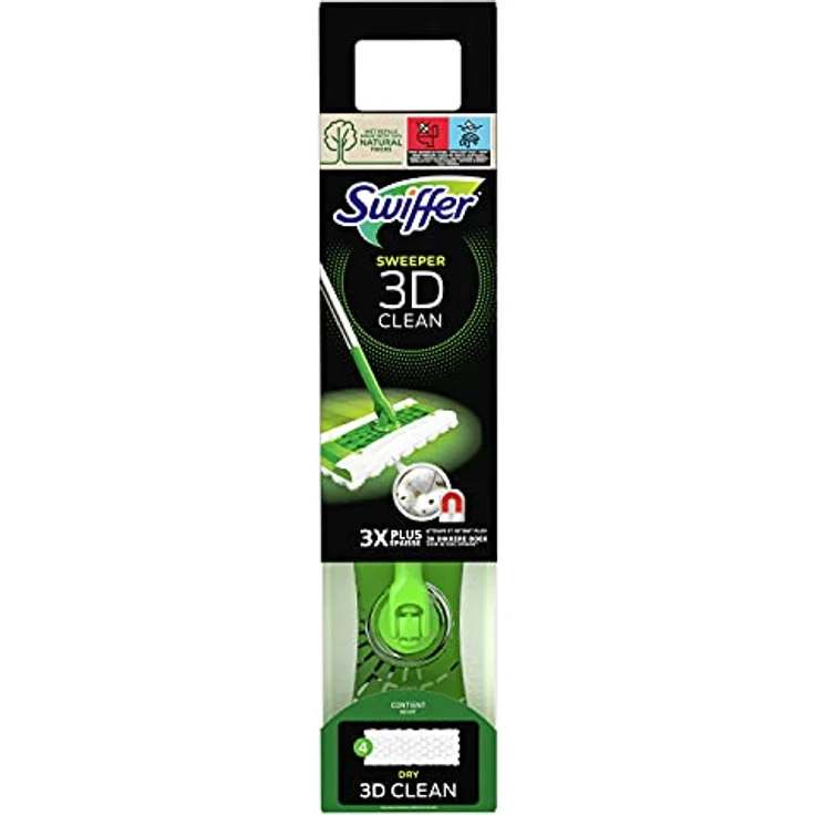 Swiffer Bodenwischer 3D Clean Trockene und Feuchte Bodentücher Starterset ( 1 Stab, 4 Trockene Bodentücher, 2 Feuchte Bodentücher), Nasswischer, Wischer zur Reinigung von Hartholz und Böden – Bild 2